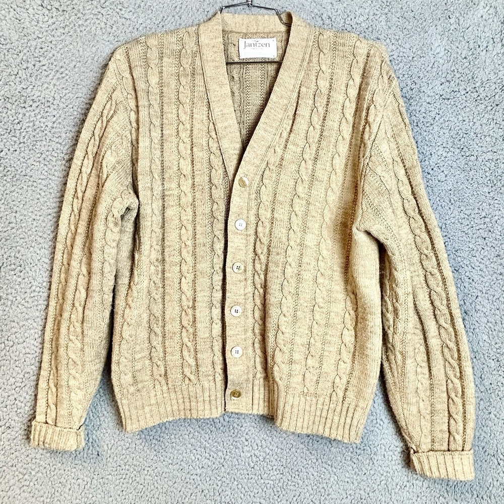 True Vintage Jantzen Cardigan Mens XL Brown Cable Knit Sweater 60s 70s